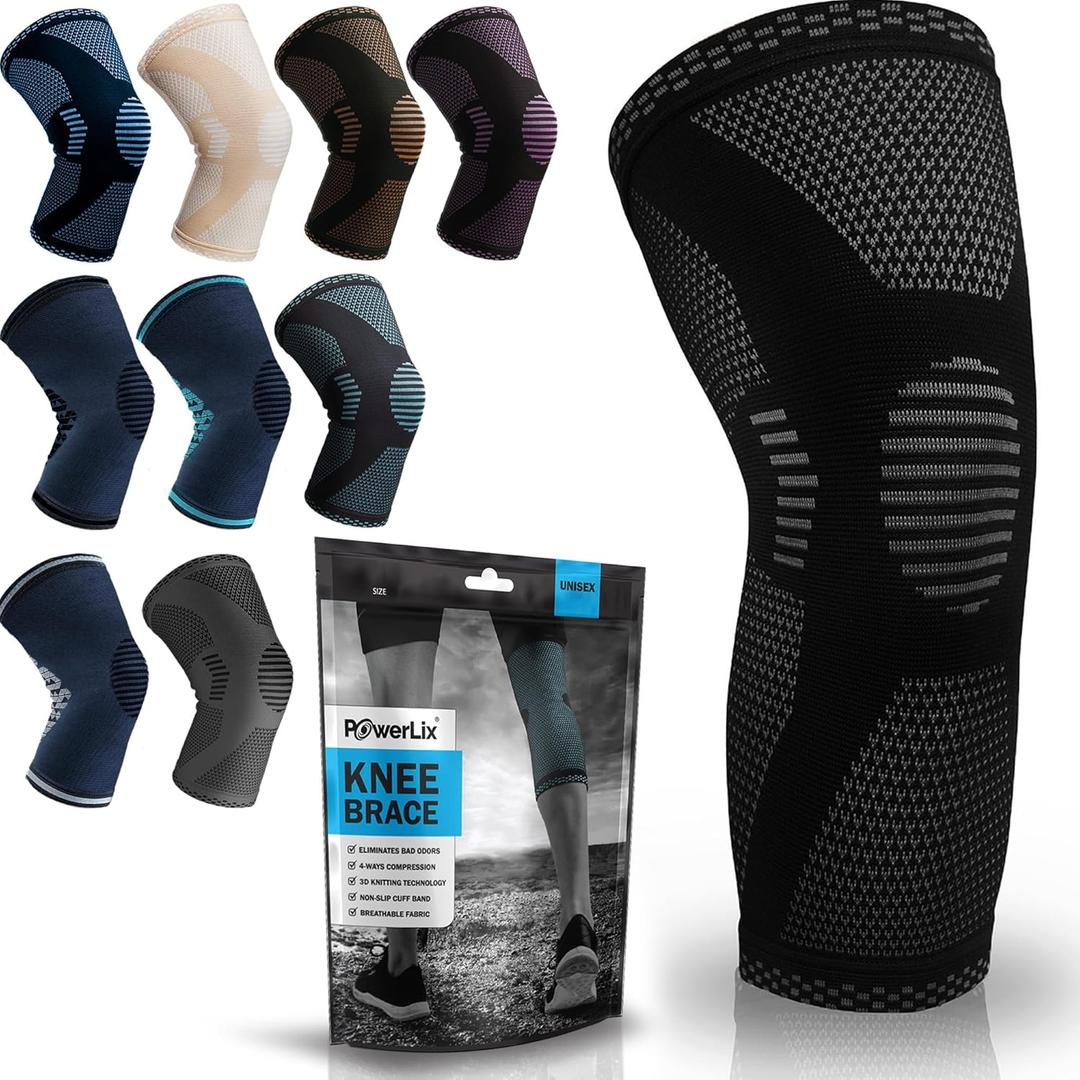 POWERLIX Knee Compression Sleeve - Best Knee Brace for Men & Women Knee Support for Running, Basketball, Weightlifting, Gym, Workout, Sports, (Black, Large) (Black, L)