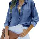 Womens Button Down Denim Shirt Chambray Casual Long Sleeve Collared Boyfriend Jean Jacket Shacket with Pockets (Blue, XXL)