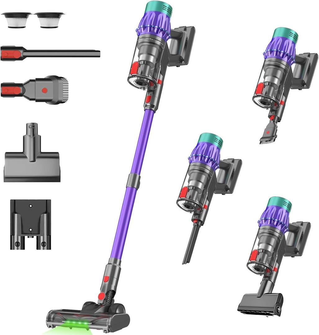 Cordless Stick Vacuum Cleaner, 650W 55KPA Up to 70Min Runtime, Green Light Anti-Tangle Brush, 7-Stage HEPA Filtration, Lightweight for Pet Hair Carpet Hard Floors (Purple)