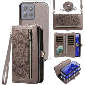 Asuwish Phone Case for Motorola Moto G 5G 2025 Zipper Wallet Detachable Cell Cover with Tempered Glass Screen Protector Crossbody Wrist Strap Mandala Flower Flip Card Holder G5G 5 G G5 Women Men Gray