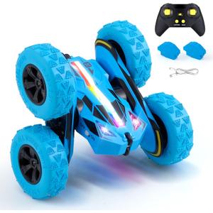 Threeking Remote Control Car RC Cars Toys for Boys Girls Ages 6-12, Upgraded USB-C Modular Batteries, 4WD Stunt Car with Breathing Soft Lights, Double-Sided Driving & 360 Flips, Presents Gifts, Blue