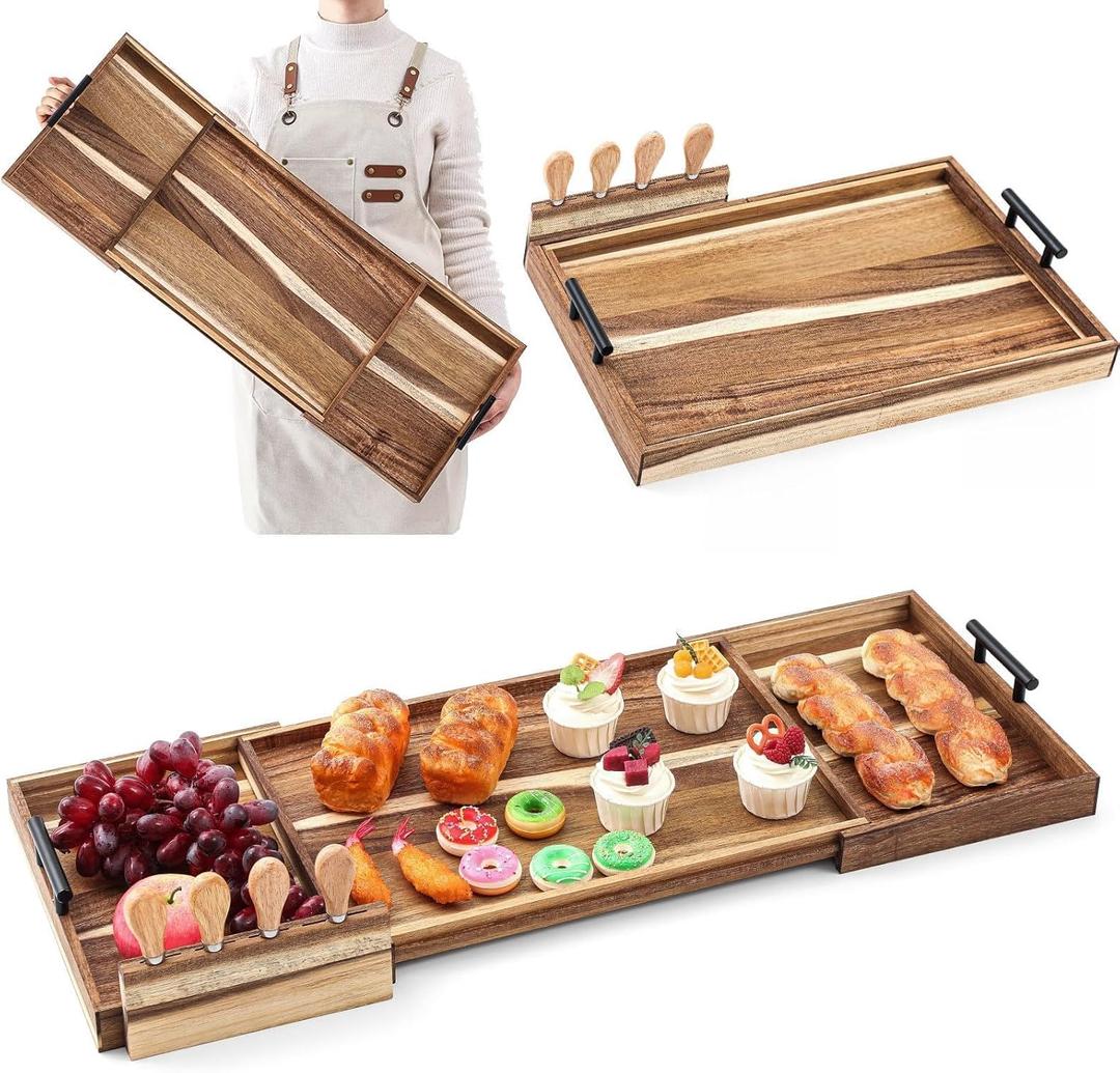 Lounsweer Acacia Expandable 32 Inch Large Charcuterie Board for Party with Handles and Knife Set XL Wood Serving Tray Long Cheese Platter for Gatherings Entertaining House Warming Gift