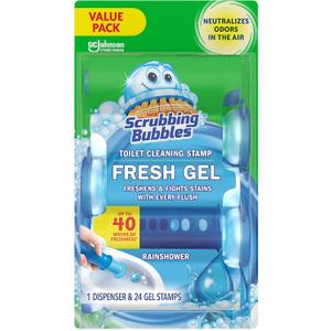 Scrubbing Bubbles Fresh Gel Toilet Bowl Cleaning Stamps, Helps Keep Toilet Clean and Helps Prevent Limescale & Rings, Rainshower Scent, 1 Dispenser with 24 Fresh Gel Stamps
