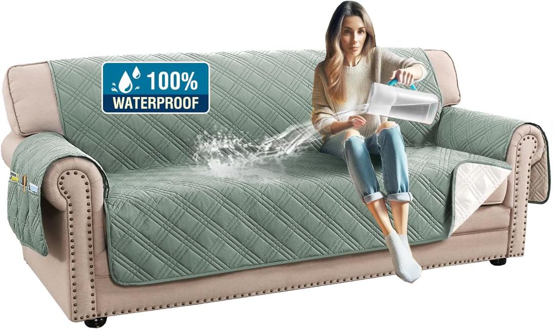 H.VERSAILTEX 100% Waterproof Slipcovers for Couches and Sofas Modern Pet Couch Cover Thick Soft Furniture Protector with Elastic Straps(Sofa, Lily Pad/Beige)