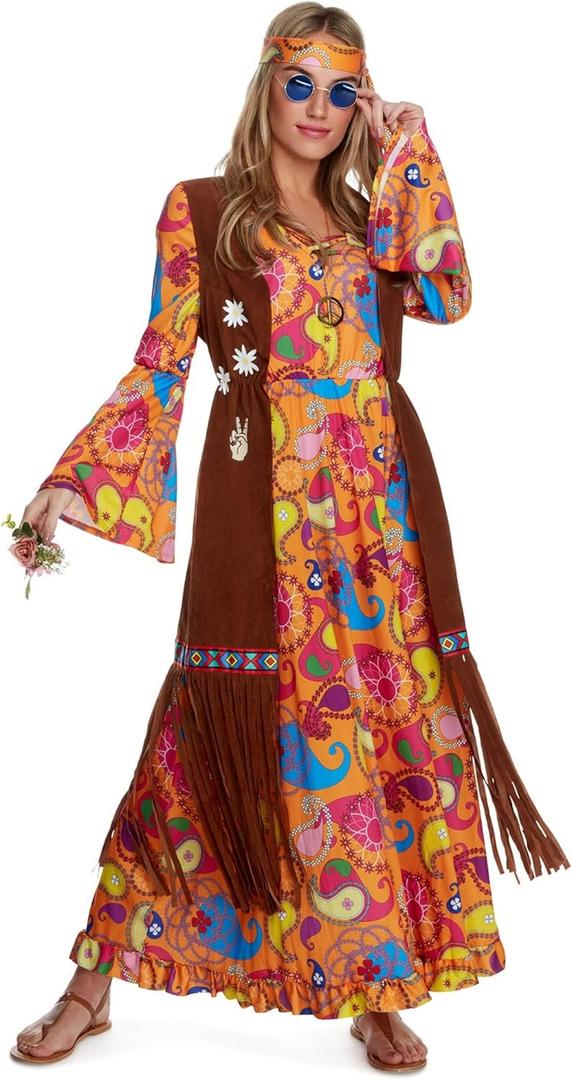 Morph Long Hippie Costume For Women, 70s Hippie Dresses, Retro 60s Style Outfit, Vintage Festival Wear (X-Large)