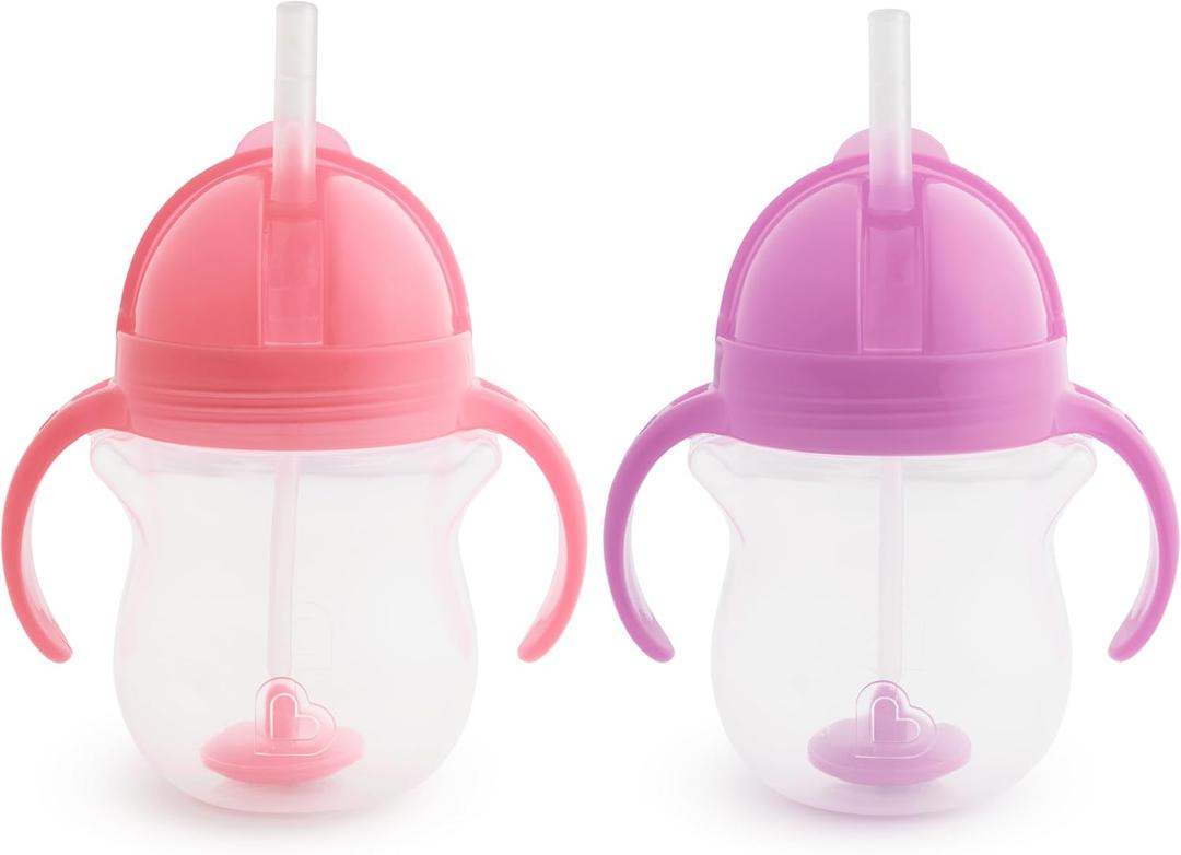 Munchkin Any Angle Sippy Cups for Toddlers, Spill Proof Weighted Straw Cup with Transition Handles for Babies 6 Months and Up, 7 Ounce, 2 Pack, Pink/Purple, 2 Count