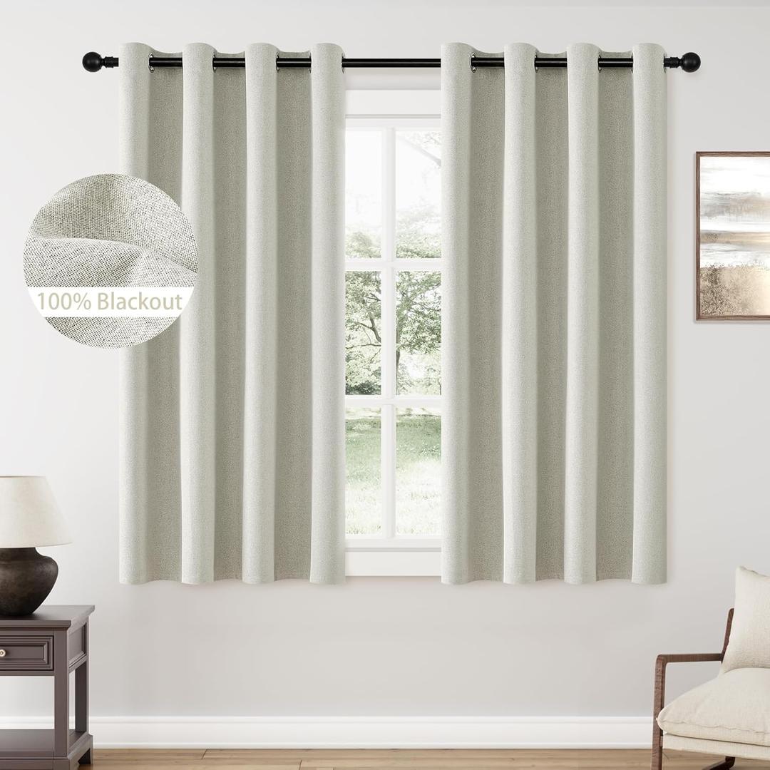 ChrisDowa 100% Blackout Greyish Beige Solid Curtains 63 Inches Long 2 Panels for Bedroom Living Room,Farmhouse Room Darkening Thermal Insulated Soundproof Grommet Top Window Treatment Drapes,52x63