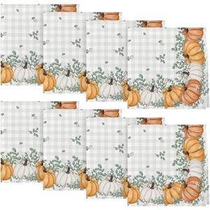 Horaldaily Fall Cloth Napkins 18 x 18 Inch, Thanksgiving Autumn Harvest Orange Pumpkin Buffalo Plaid Party Dinner Decoration Washable Napkins Set of 8