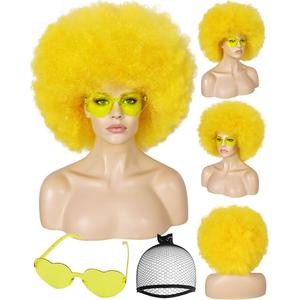 BESTBEL+Hair Cap Yellow Afro Wig and Sunglasses Short Yellow Wigs Afro Clown Wig for Halloween Disco Party Outfits Funny Wigs for Adults Cosplay Costume Fluffy Bouncy Synthetic Hair