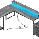 PRAISUN 66" L Shaped Gaming Desk with LED Lights & Power Outlets, Computer Desk with Fabric Drawers and Print Stand, Corner Office Desk, Monitor Stand, Mesh CPU Stand, Grey