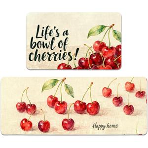 Cherry Kitchen Rugs Set of 2 - Cotton Linen Blend Floor Mats(17.7''x29.5''+17.7''x47'') - Washable Non-Slip Kitchen Mats for Home Office Bedroom Bathroom Laundry