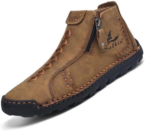 Mens Casual Leather Shoes Ankle Chukka Boots Handmade Side Zipper Mid top Slip On Loafers Fashion Lightweight Walking Driving High Boots (Brown)