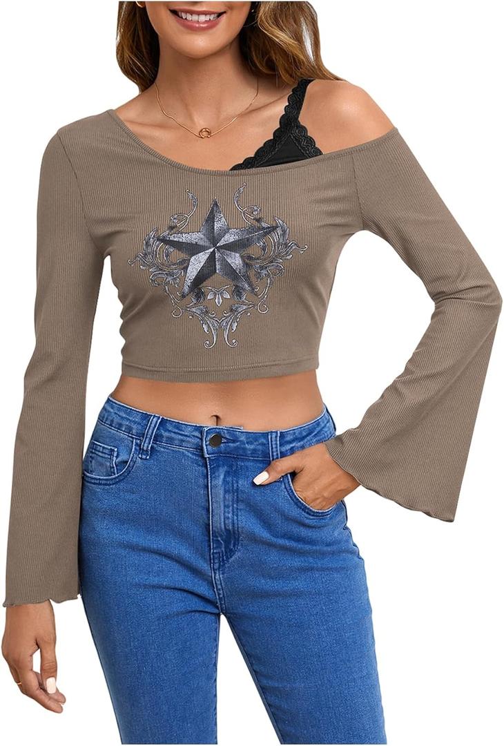 SOLY HUX Women's Y2k Graphic Tees Lace Trim Cold Shoulder Long Sleeve Star Print T Shirt Crop Tops (Dark Grey Star)