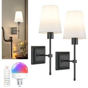 OYLYW Battery Operated Wall Sconce Light Set of 2, Rechargeable Wireless Black Wall lamp with Dimmable Remote Control, Indoor Wall Light with White Fabric Shade(RGB Bulb Included) - Amazon.com