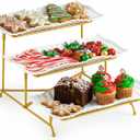 LAUCHUH 3 Tier Trays Stand, Porcelain Serving Trays Collapsible Sturdier Stand Serving Platters Dessert Table Display Set for Indoor Party, Entertaining, Thanksgiving, Christmas, Gold, 12.2 Inch