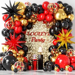 137Pcs Red Black Gold Balloons Garland Arch Kit with Stars - 5 10 12 18 inch Red Black Gold Confetti Latex Balloons for Graduation Hollywood Casino Theme Party Decorations