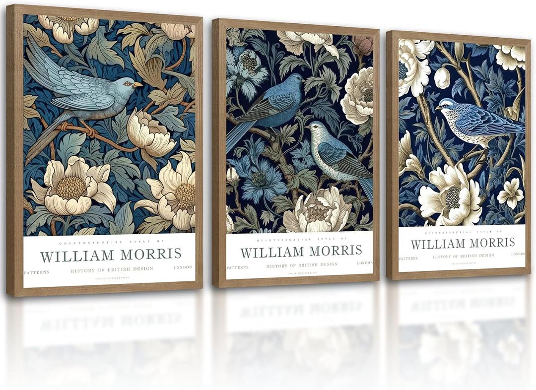 Framed Canvas Wall Art Set of 3 William Morris Birds 16x24