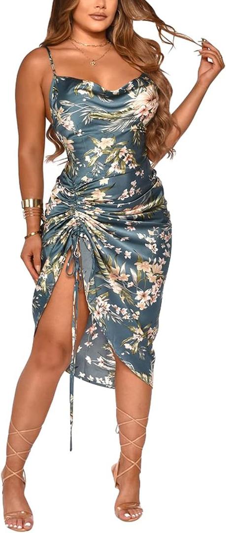 Women's Spaghetti Strap Satin Dress Sexy Backless Drawstring Ruched Split Hem Cocktail Evening Party (Medium, 02-flower Navy)