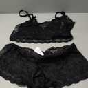 Lilosy Sexy Cupless Crotchless Women Floral Lace Pajamas Lingerie Set High Waist Sheer Sleepwear See Through Nightwear Bow Ties Cami Shorts Bra and Panty 2 Piece Black Medium