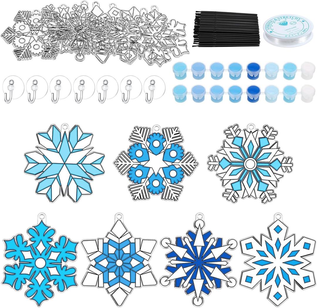 Poen 28 Sets Snowflake Suncatchers Craft Kits Frozen Winter DIY Window Paint Art Hanging Sun Catcher Decorations for Kids Christmas Winter Classroom Home Party Activity