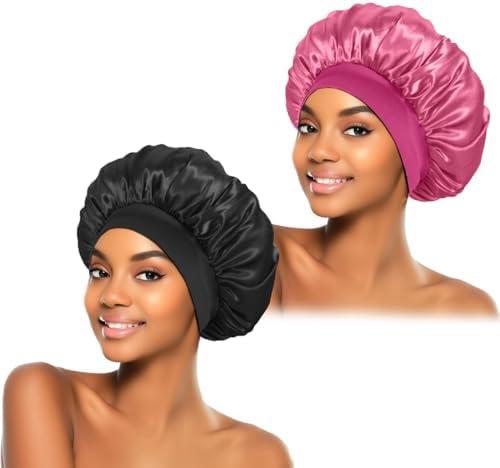 ZHENSILK 2Pcs Silk Bonnet for Sleeping, Satin Hair Bonnets, Soft Elastic Band Silk Sleep Cap, Hair Wrap for Women(Black Rose)