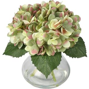 Artificial Hydrangea Flowers with Glass Vase & Fake Water - Faux Hydrangea for Home Table, Wedding Party, Office Decor | Realistic Fake Hydrangeas, Silk Flowers for Vase Arrangement (Hydrangea, green)