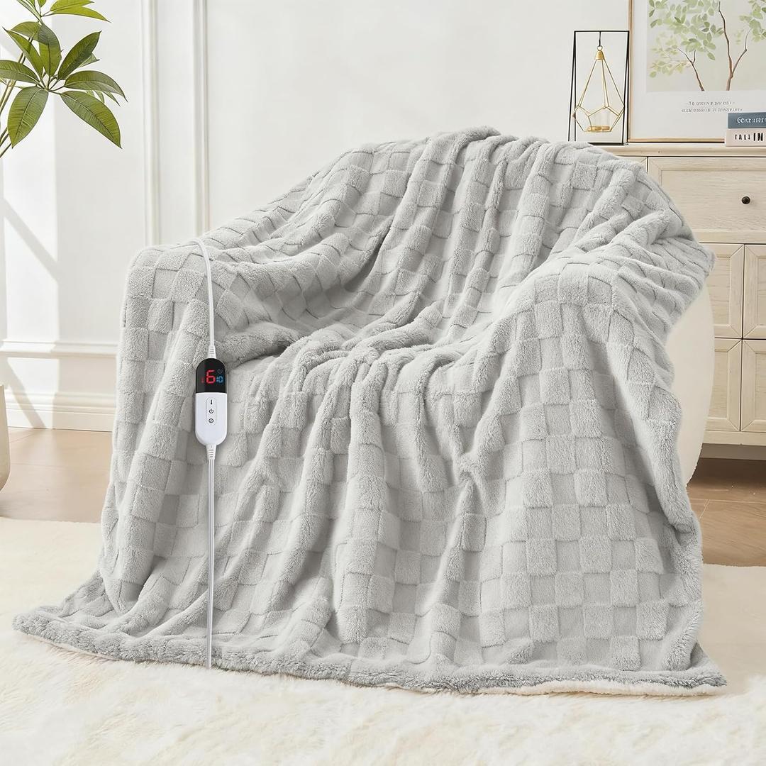 Electric Heated Blanket Full Size - Jacquard Checkered Sherpa 72"x84" Fast Heating Bed Blankets with 6 Heating Levels & 10 Hours Auto Off, Over-Heat Protection ETL, Light Gray