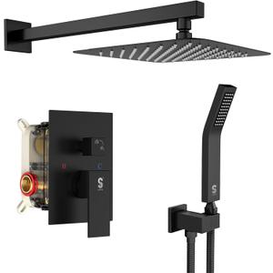 SR SUN RISE Black Square Rainfall Shower Head and Handle Set, Wall Mounted Shower Fixtures, Metal Shower Faucet Trim Repair Kits (With Shower Valve) (10 Inch)