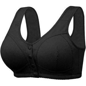 Ribbed Bras for Women Front Closure No Underwire Comfort Senior Wireless Snap Closing Bra (Black) 38D