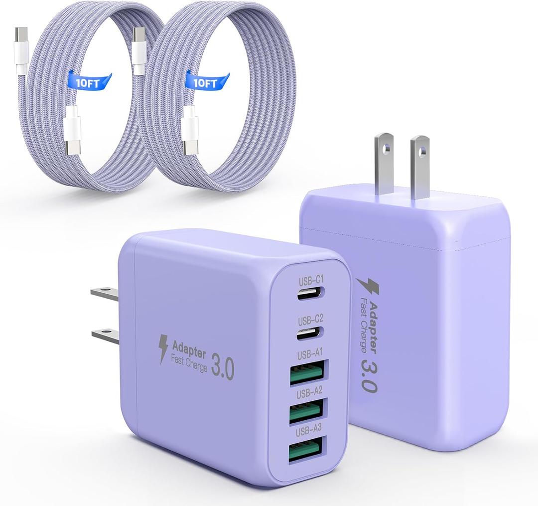 60W USB C Charger Block for iPhone 17 16 15,EIZLXQ 2-Pack USB C Wall Charger with Total 60W Max Output,10FT USB C Cable,Fast Charging Blocks for iPhone 17/16/15 Series,Galaxy,Pixel,iPad-Lavender