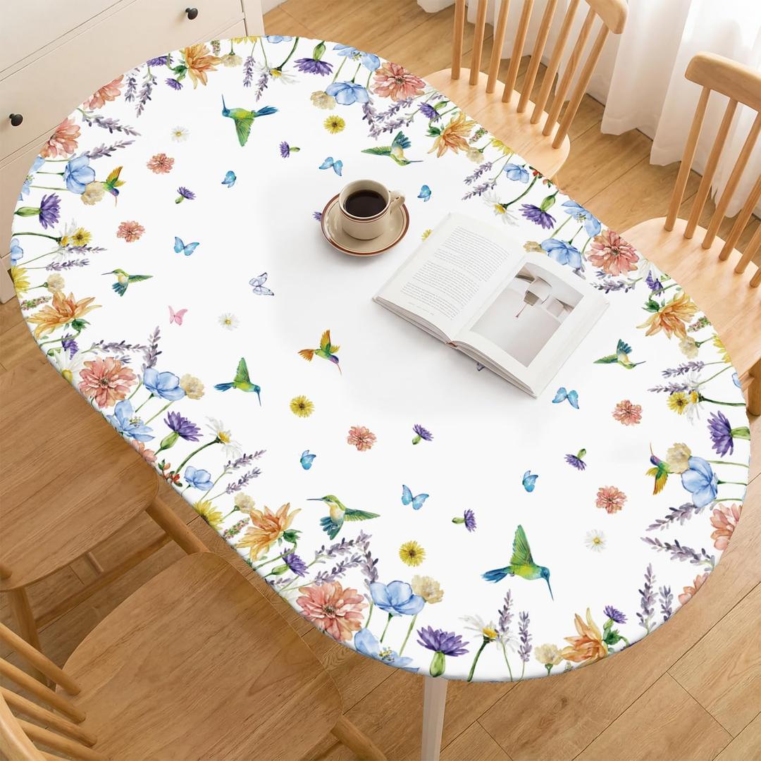 Horaldaily Spring Fitted Tablecloth 68 x 48 Inch Oval, Spring Watercolor Daisy Floral Flowers Birds Washable Table Cover Elastic Edged for Dinning, Picnic, Camping, Banquet