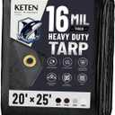 Keten Tarps Heavy Duty Waterproof 20x25 Feet, Extra Thick 16 Mil (Black)