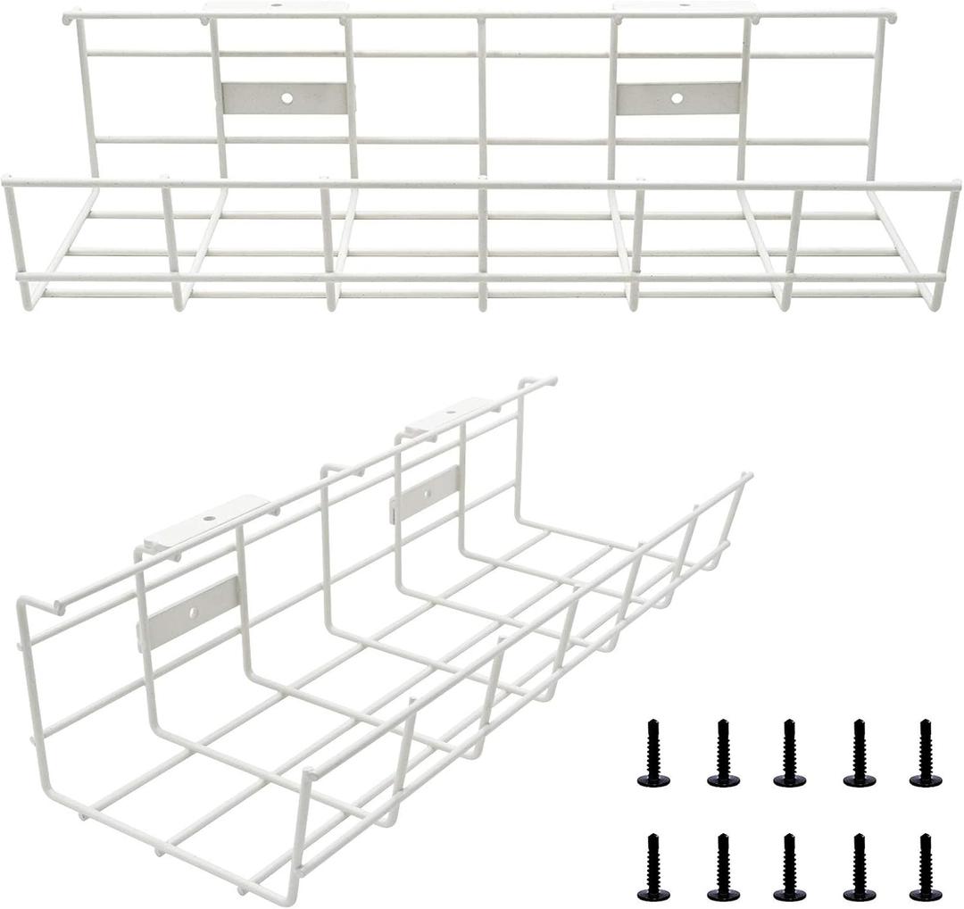 Under Desk Cable Tray - 2 Pack Cable Raceway for Wire Management. Metal Wire Organizer for Office, Studio and Home. Super Sturdy Cord Organizer for Desk - White Cable Management Under Desks