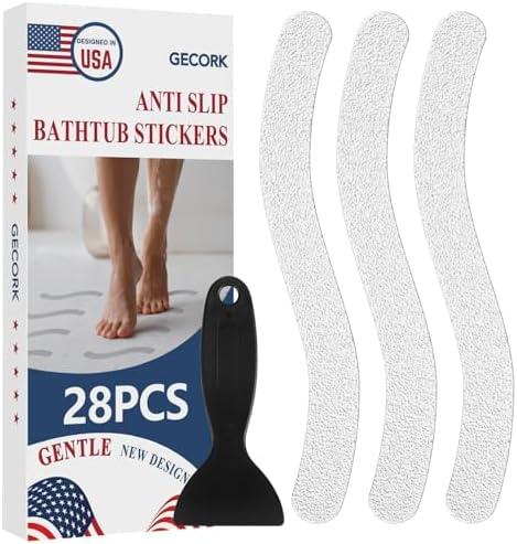 Gecork 28 PCS Shower Floor Non Slip Stickers with Strong Adhesive, Invisible & Durable Anti Slip Shower Stickers with Scraper for Bath Tub, Pools and Stairs(Clear,Wavy)