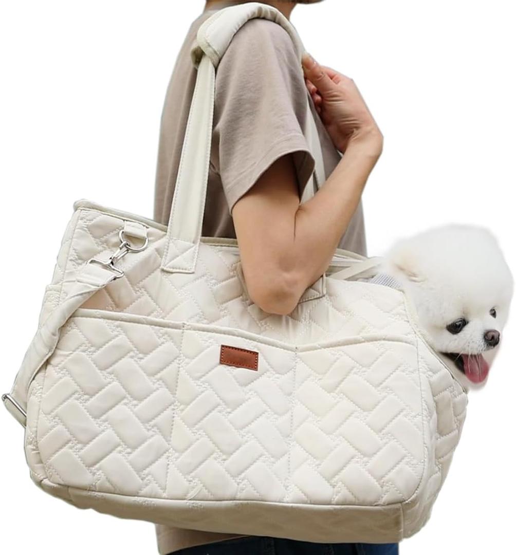 HSC PET Beige Small Dog Bag Woman,Cat Carrier Quilted Pet Soft Sided Leisure Pups Totes Traveling Go to Vet,Pet Function Handbag with 3 Pockets,12 lbs Puppy/15 lbs Cat or Kittens (16.1"L x 11.8"W x 7.1"H)