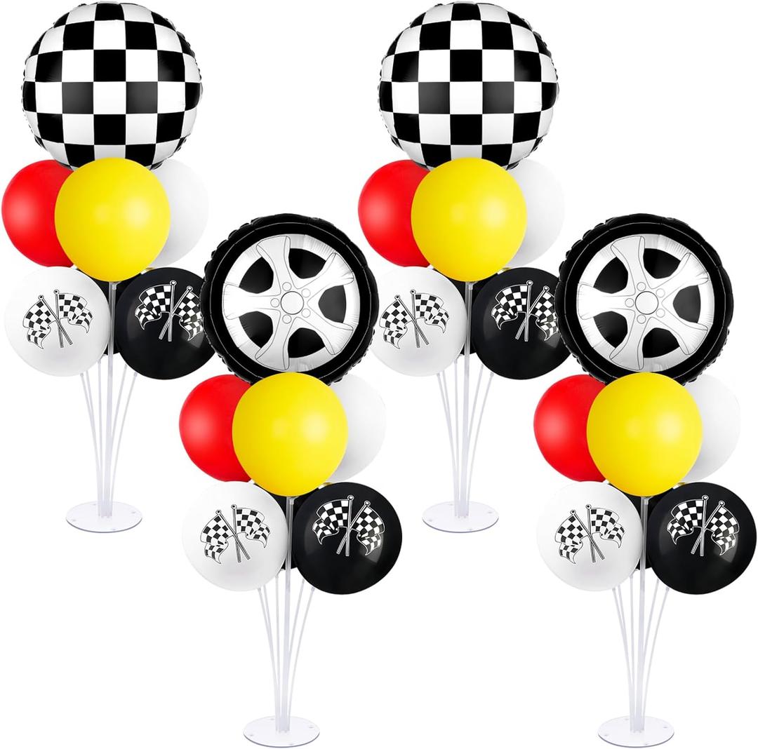 18" Race Cars Foil Balloons Stand Kit 4 Set,Sports Checkered Race Balloons Birthday Party Decorations Flags Balloons for for Race Fans Kids Boy Supplies