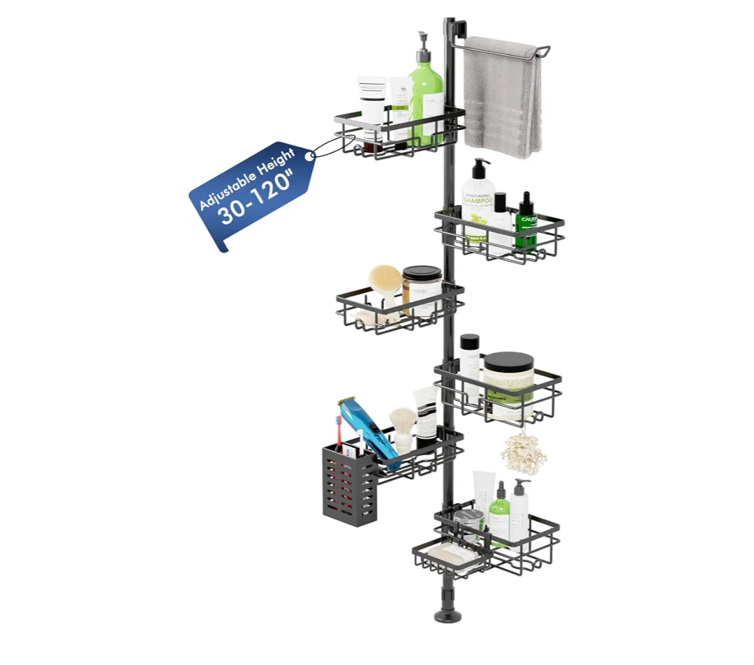 Shower Caddy Organizer Tension Pole, Rustproof 6-Pack Corner Shelf with 30-120 Inch Adjustable Shower Rack for Inside Shower, Extra Towel Bar & Soap Dish for Bathroom Organizers and Storage, Black
