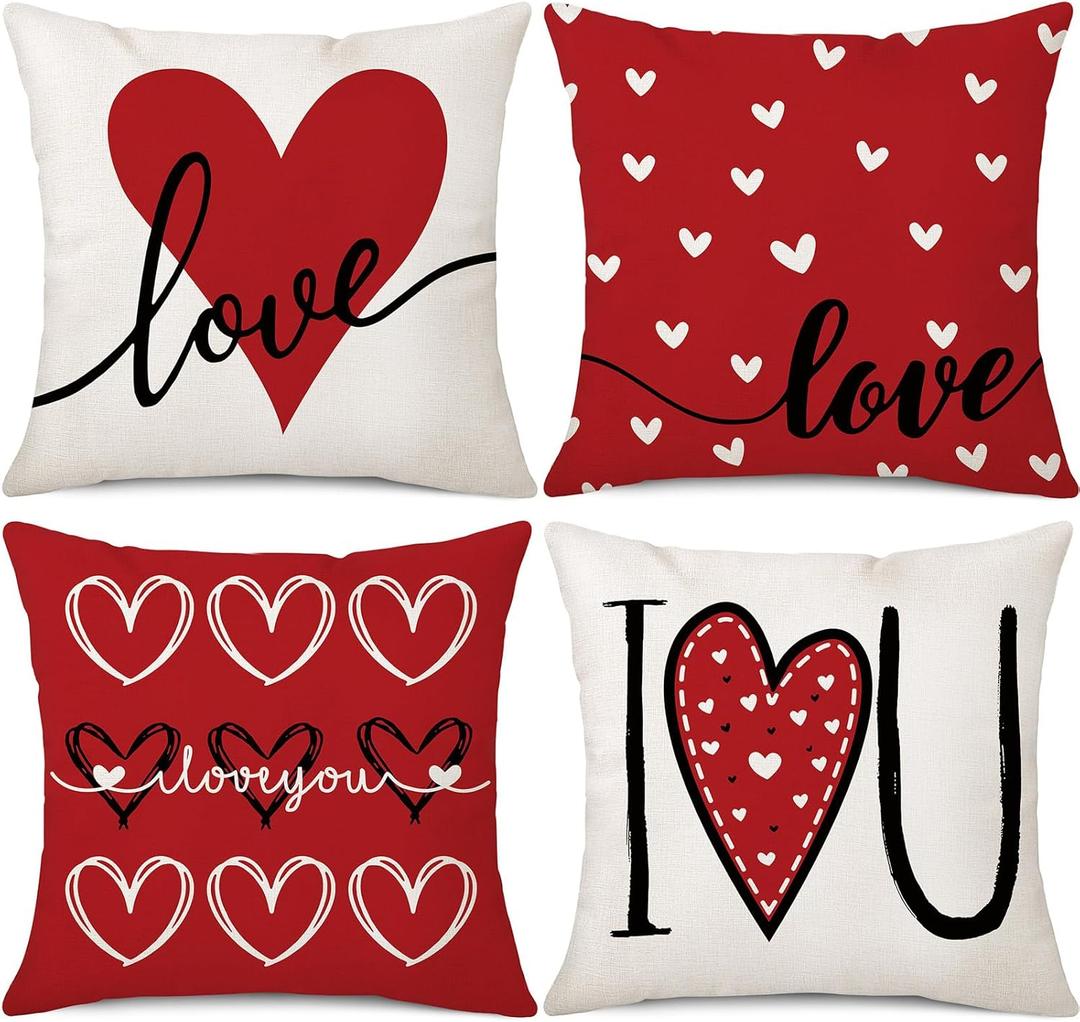 Coeufuedy Valentine's Day Pillow Covers 18x18 Set of 4 Love Heart I Love You Anniversary Wedding Decoration Cushion Covers for Sofa Couch (Red-02)