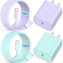 Phone 16 15 Chargers Fast Charging 20W USB C Charger 10FT Type C Charging Cable Charger with 2 Pack Type C Wall Chargers for Phone 15/16/17 Plus/Pro/Max/Pad Pro - Purple Green