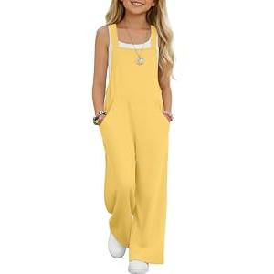 YooAurvox Girls Overall Jumpsuit Straight Leg Sleeveless Knit Pants for 5-14 Years Kids Casual Basic Rompers with Pockets(13-14 Y, Light Yellow)