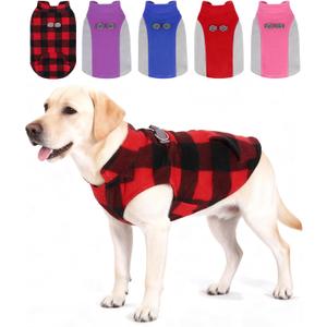 KOOLTAIL Dog Fleece Vest Sweater, Warm Puppy Christmas Jacket with Dual Leash D-Ring and Pocket for Small Medium Large Dogs, Soft Pet Winter Cold Weather Coats Fall Clothes Hoodie Boy Girl,Red Plaid L