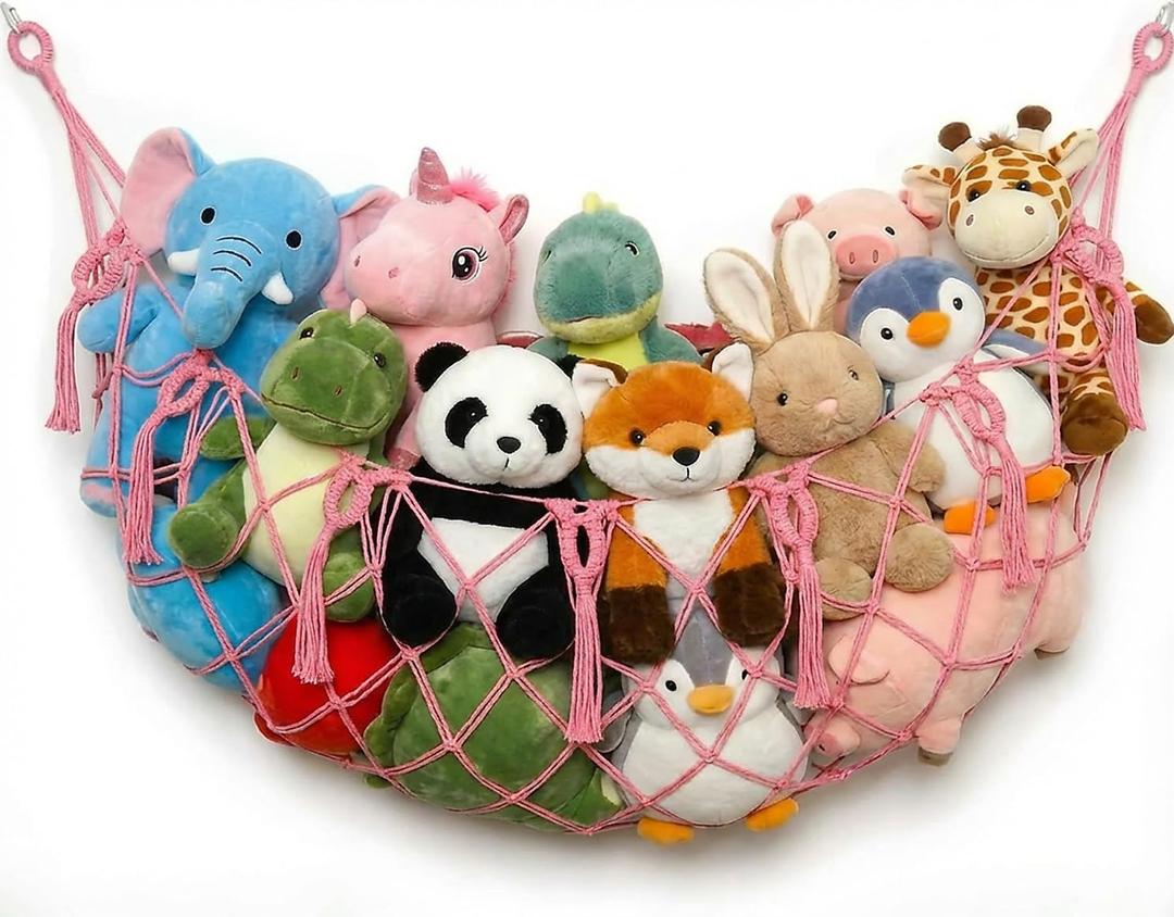 Stuffed Animal Net or Hammock for Flat Wall Mounted Handmade Macrame Toy Display Hanging Plush Toy Net for Stuff Animal Storage(Pink Large)