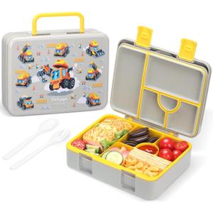 rockpapa 5 Compartment Bento Lunch Box for Kids, Leak Proof, Dishwasher Safe, BPA Free Materials, 47oz Snack Bento Box with Utensils & Handle for Boys Girls Ages 3+ (Grey Constr Trucks) (w/o Ice Pack - 9.1 x 7.5 x 2.9 inch)