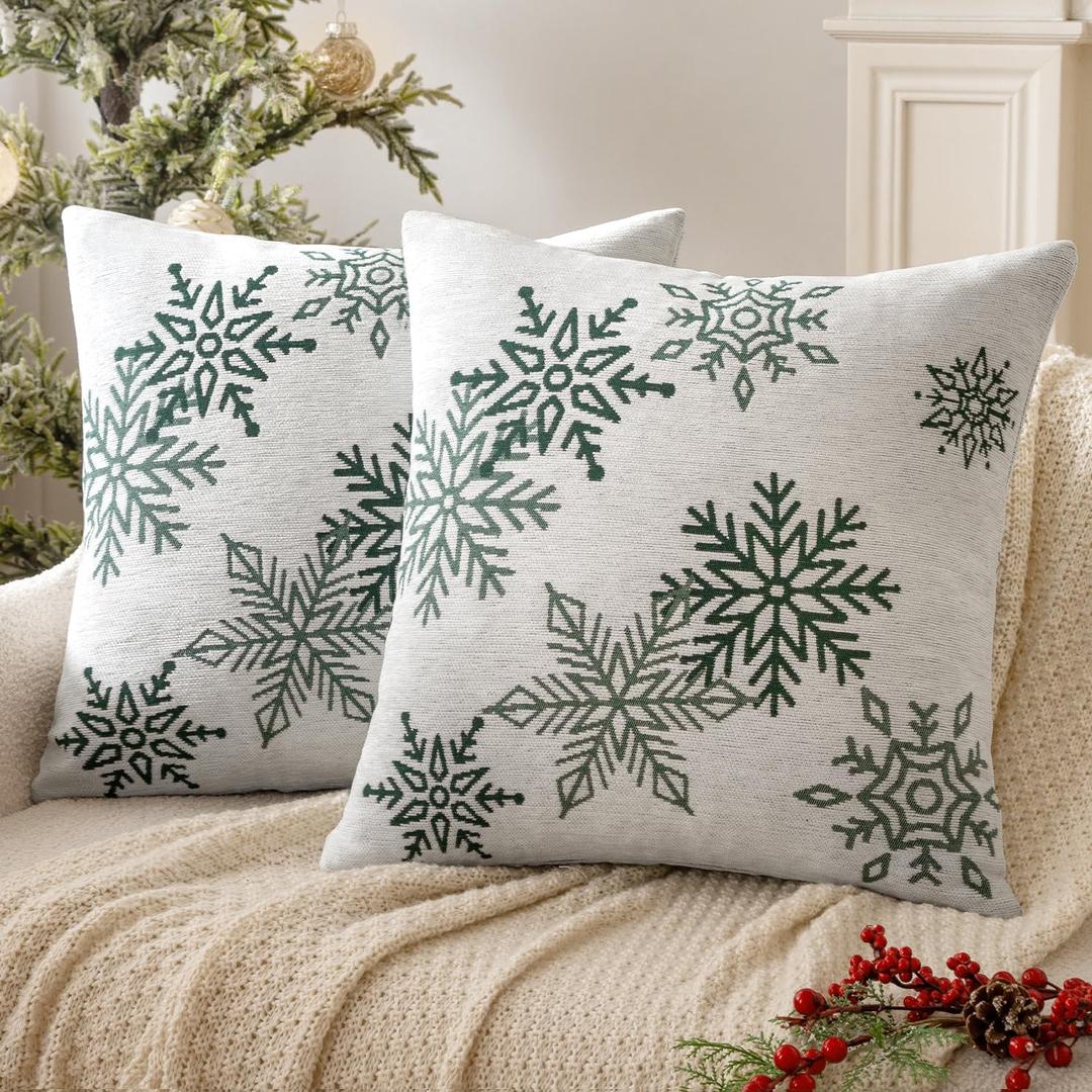 MIULEE Christmas 2 Pack White and Green Chenille Throw Pillow Covers Soft Pillow Cases with Snowflake Embroidery Morden for Holiday Decoration Sofa Couch Bedroom Home Decor,18x18 Inch