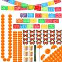 Zeyune 236 Pcs Day of the Dead Decoration Set 100 Artificial Marigold with Stem 4 Calendula Garland 24 Magnetic Butterfly 6 Votive Candle 2 Mexico Party Banner for Halloween(Orange)