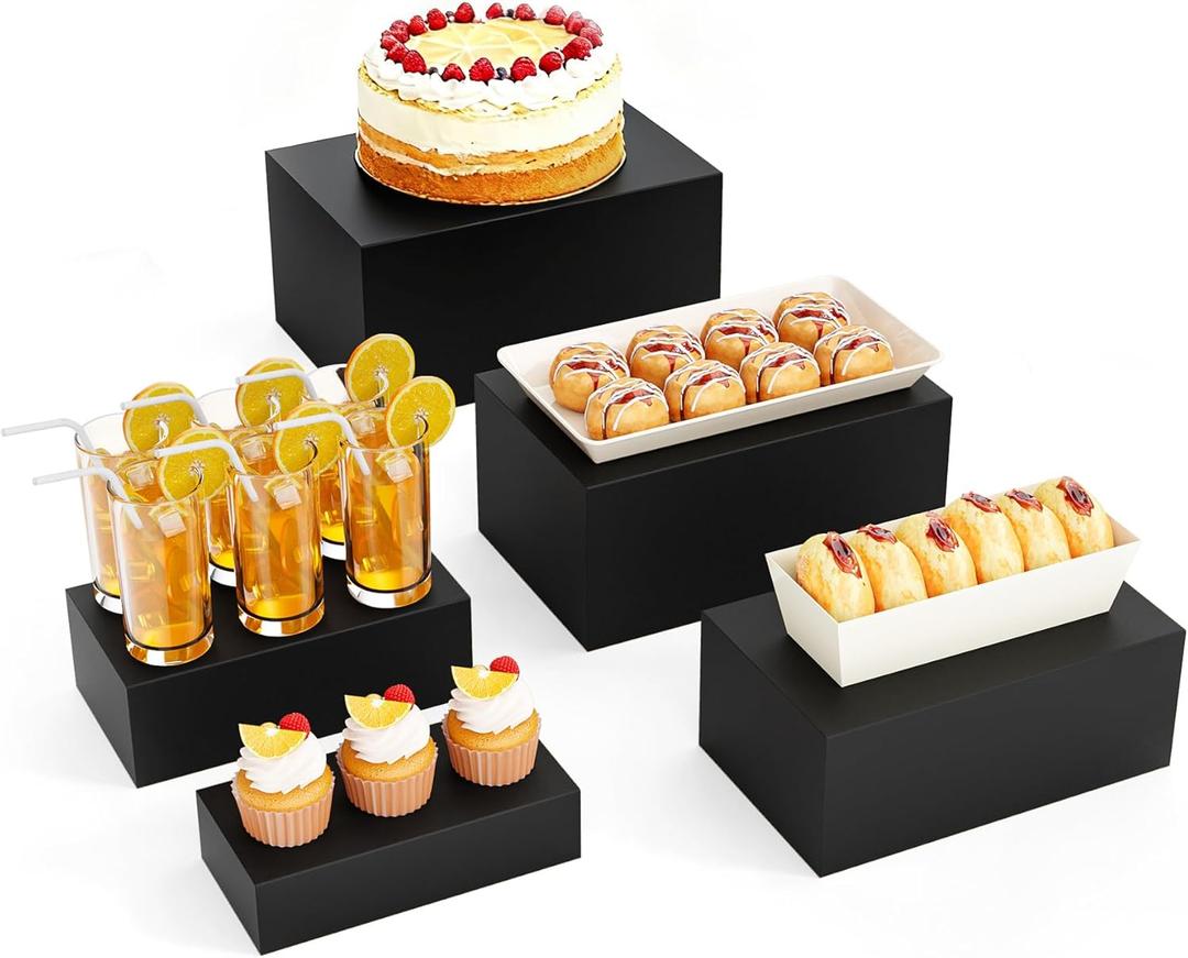 5 Pcs Metal Display Stands for Buffet Table Cake Risers, Cupcake Rectangle Stand for Wedding, Party, Catering Supplies, Elegant Food Risers for Display with 5Pcs Hollow Bottoms Sturdy Modern (Black, 2 IN to 12 IN)
