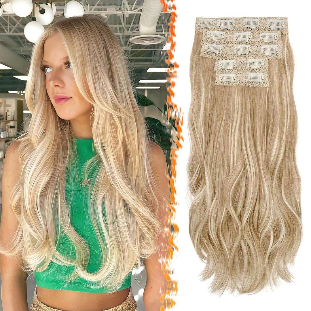 BARSDAR Blonde Wavy Clip in Hair Extensions - 20 Inch Soft Wavy Layered Clip in Hair Extensions for Women - 5 PCS Lace Weft Voluminous Easy Wear Soft Synthetic Light Ash Blonde Mix Hairpieces