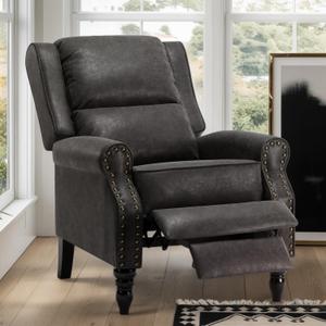 Leather Recliner Chair, Pushback Recliner Chair with Overstuffed Arms Lumbar Support, Mid Modern Pushback Recliners Chair with Adjustable Backrest Footrest for Reading, Living Room, Black