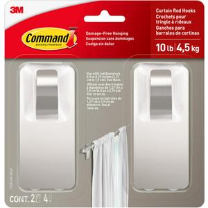 Command 10 lb Satin Nickel Curtain Rod Hooks, 2 Hooks and 4 Strips, No Drilling Christmas Decorations, Use with Rod Diameters 0.5-0.75"