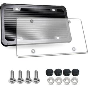 Silicone License Plate Frame with Cover Combo- Flat Clear License Plate Shield and Rustproof Black Car Tag Holder, 1 Set Unbreakable Transparent Protector with Stainless Steel Screws Caps